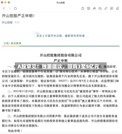 A股罕见!独董提议,回购3至5亿元