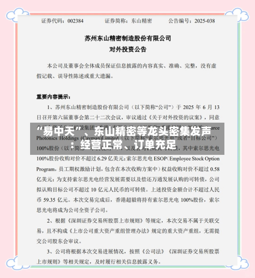 “易中天	”、东山精密等龙头密集发声：经营正常、订单充足-第2张图片