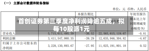 首创证券第三季度净利润降逾五成,拟每10股派1元
