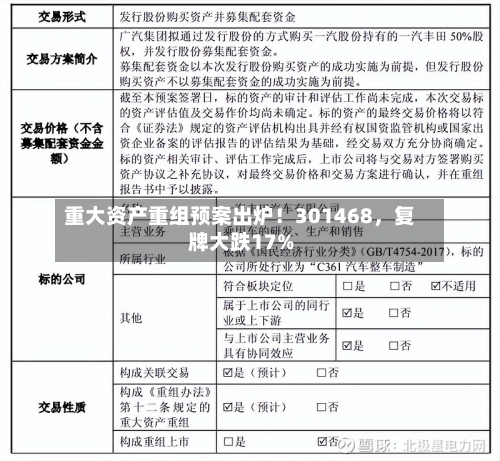 重大资产重组预案出炉！301468，复牌大跌17%