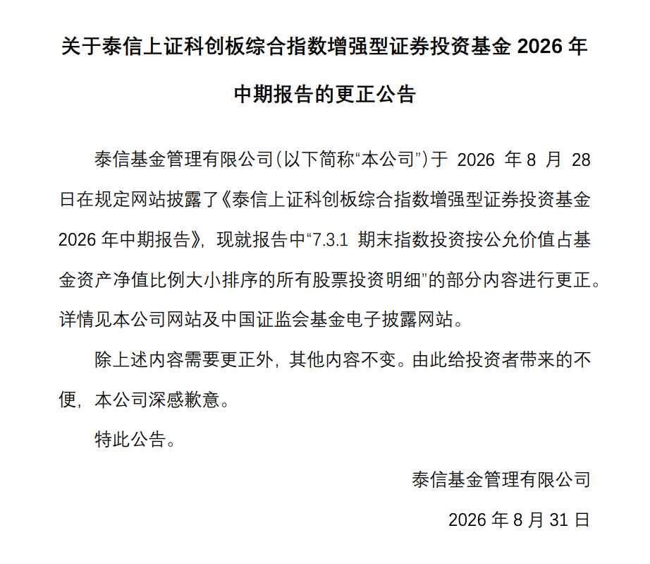 基金中报季“更正潮”再添一例：泰信上证科创板综合指数增强“股票投资明细”有误