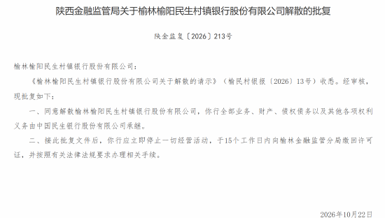 榆林榆阳民生村镇银行获批解散 全部业务由民生银行承继